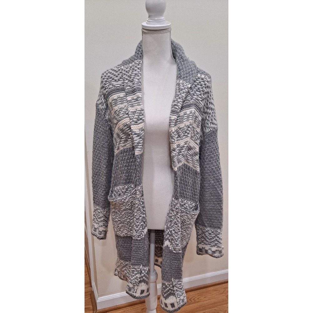 LUCKY BRAND Womens GREY off white FAIR ISLE patterned CARDIGAN‎ Sweater COAT S